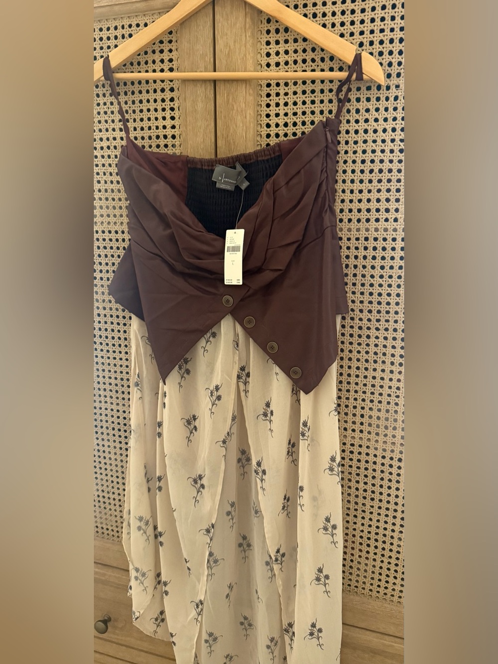 Anthropology Leather and Floral Sheer Strapless Top in Brown and Cream